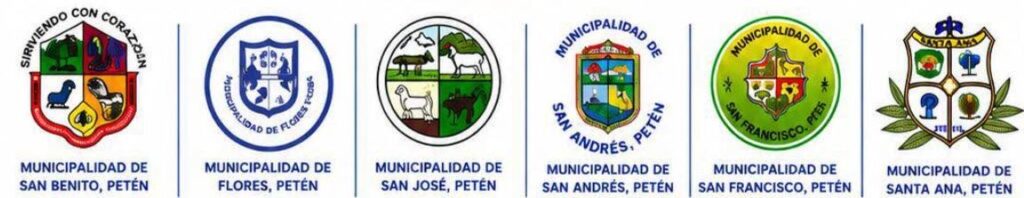 Logos de los seis municipios asociados a la MANMUNI Petén Itzá